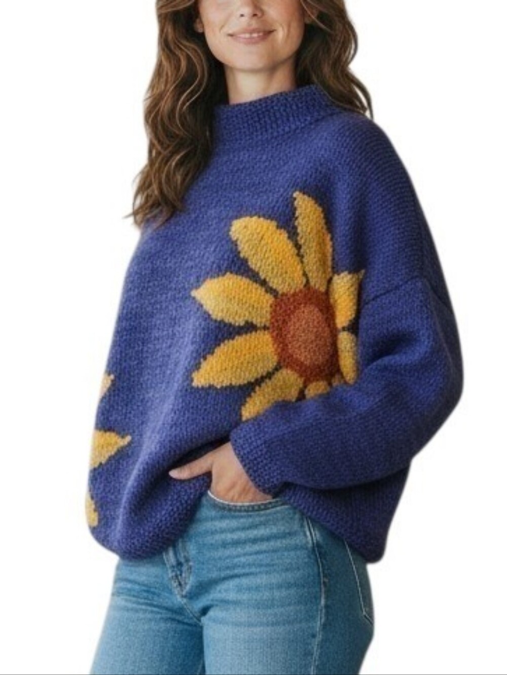 J. McLaughlin Chunky Mock Turtleneck Sweater 100% Wool Floral Knit Pullover